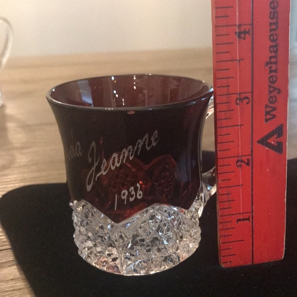 Vintage flash glass fair souvenir 1936 creamer and handled glass ruby red pair - Picture 8 of 16